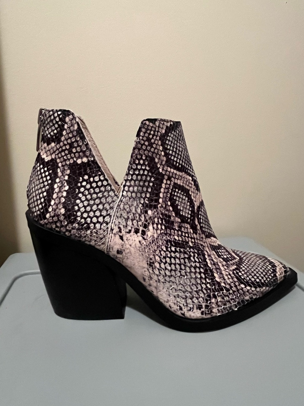 Vince Camuto Black and Pink Snake-Print Cutout Ankle Bootie